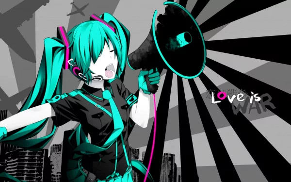 Hatsune Miku (Vocaloid) from Love is War — anime HD PC desktop wallpaper: teal twin‑tails shouting into a megaphone against a bold black-and-white radial background.