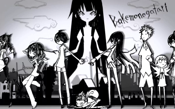 A striking HD desktop wallpaper featuring characters from the Monogatari series, showcasing a blend of anime art and dynamic poses against a stylized backdrop.