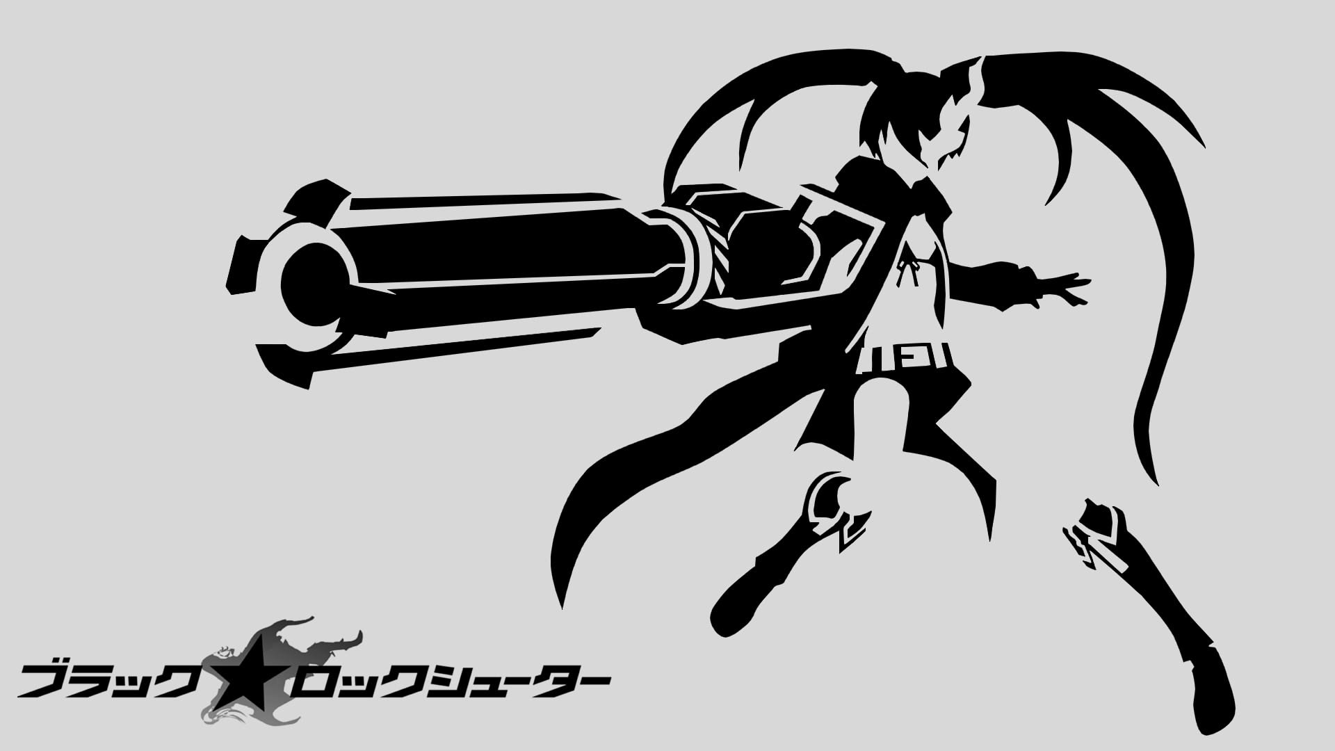 A dynamic silhouette of Black Rock Shooter, holding a large gun, set against a minimalist background. This HD anime wallpaper captures the striking aesthetic of the series.