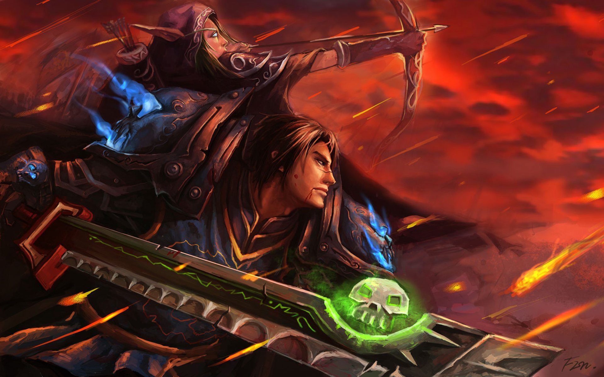 A dramatic HD wallpaper from World of Warcraft, featuring a heroic duo poised for battle against a fiery backdrop, with a prominent sword adorned with a glowing skull.
