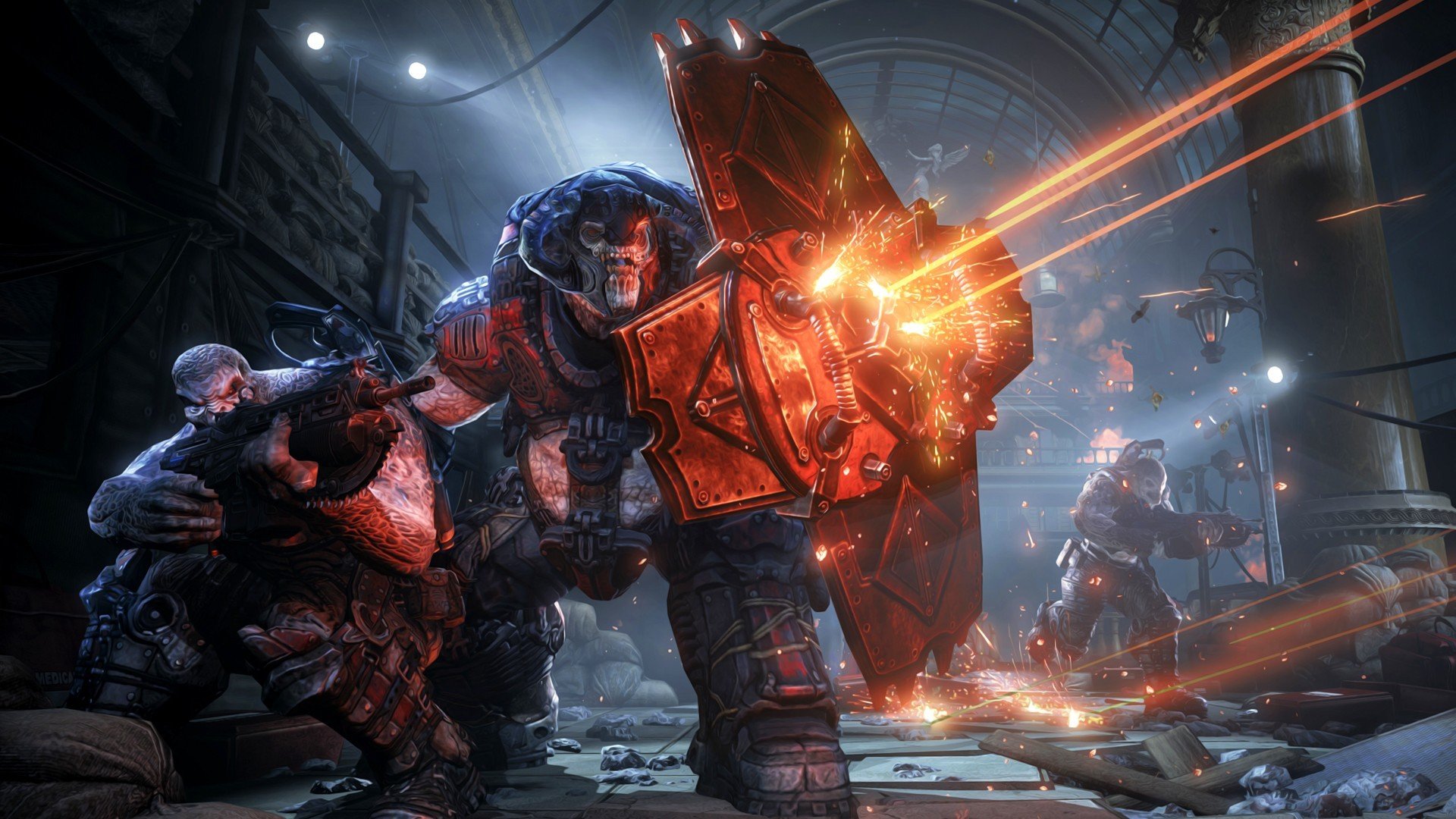 Gears of War video game HD PC desktop wallpaper/background: armored soldier with glowing shield firing orange energy blasts in a dark industrial warzone, allies and debris in the scene.