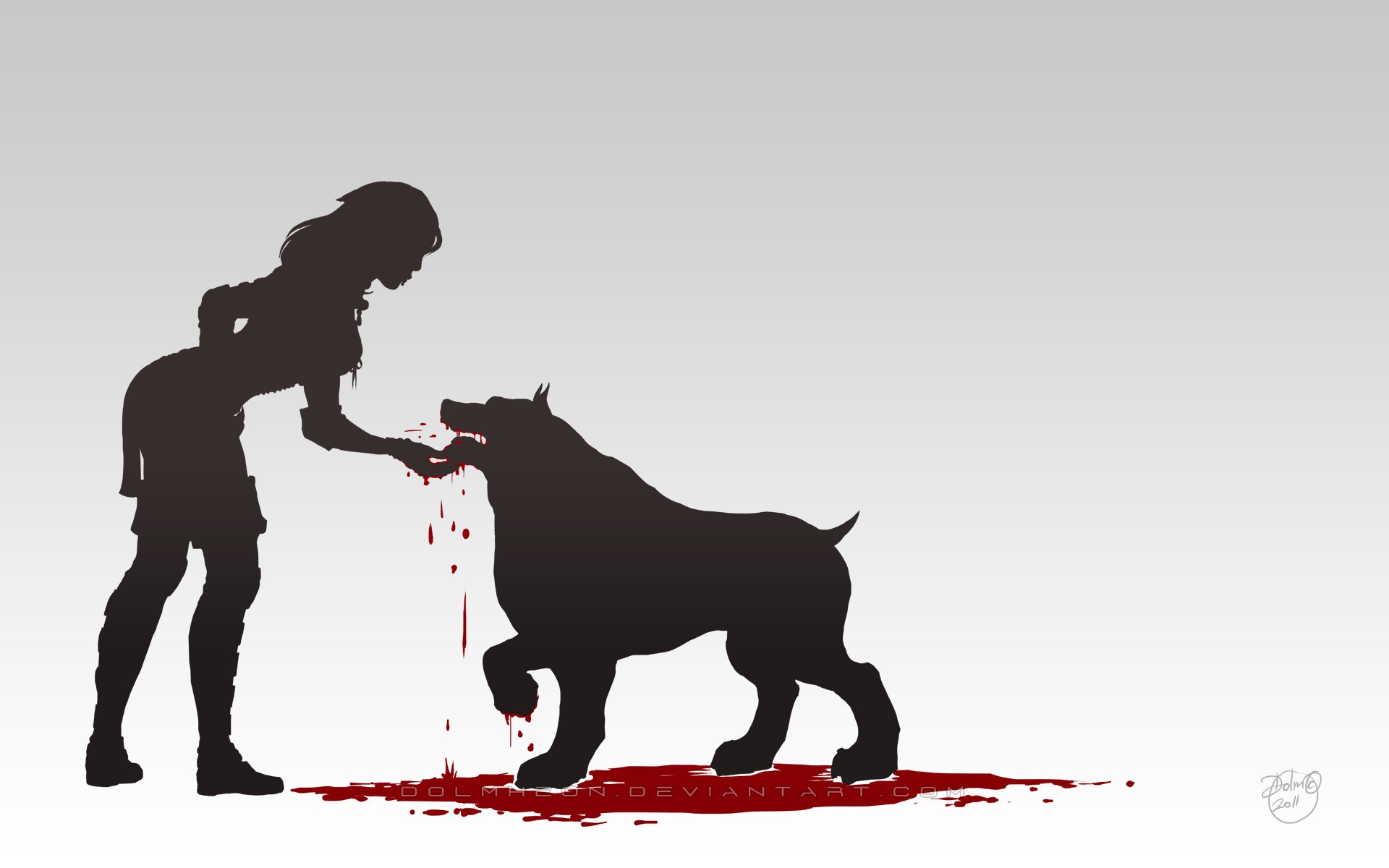 Video game Dragon Age II HD PC desktop wallpaper: black silhouette of a figure offering a hand to a large hound; blood drips and pools beneath them on a pale gray background.