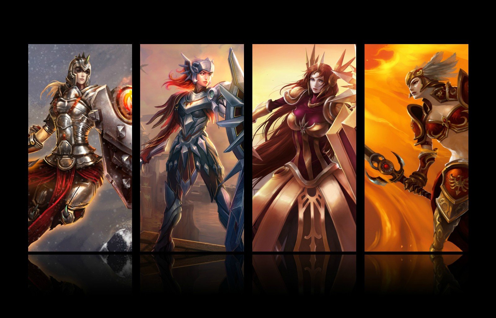 HD PC desktop wallpaper featuring Leona from the video game League of Legends in various dynamic poses with vibrant, fiery backgrounds.