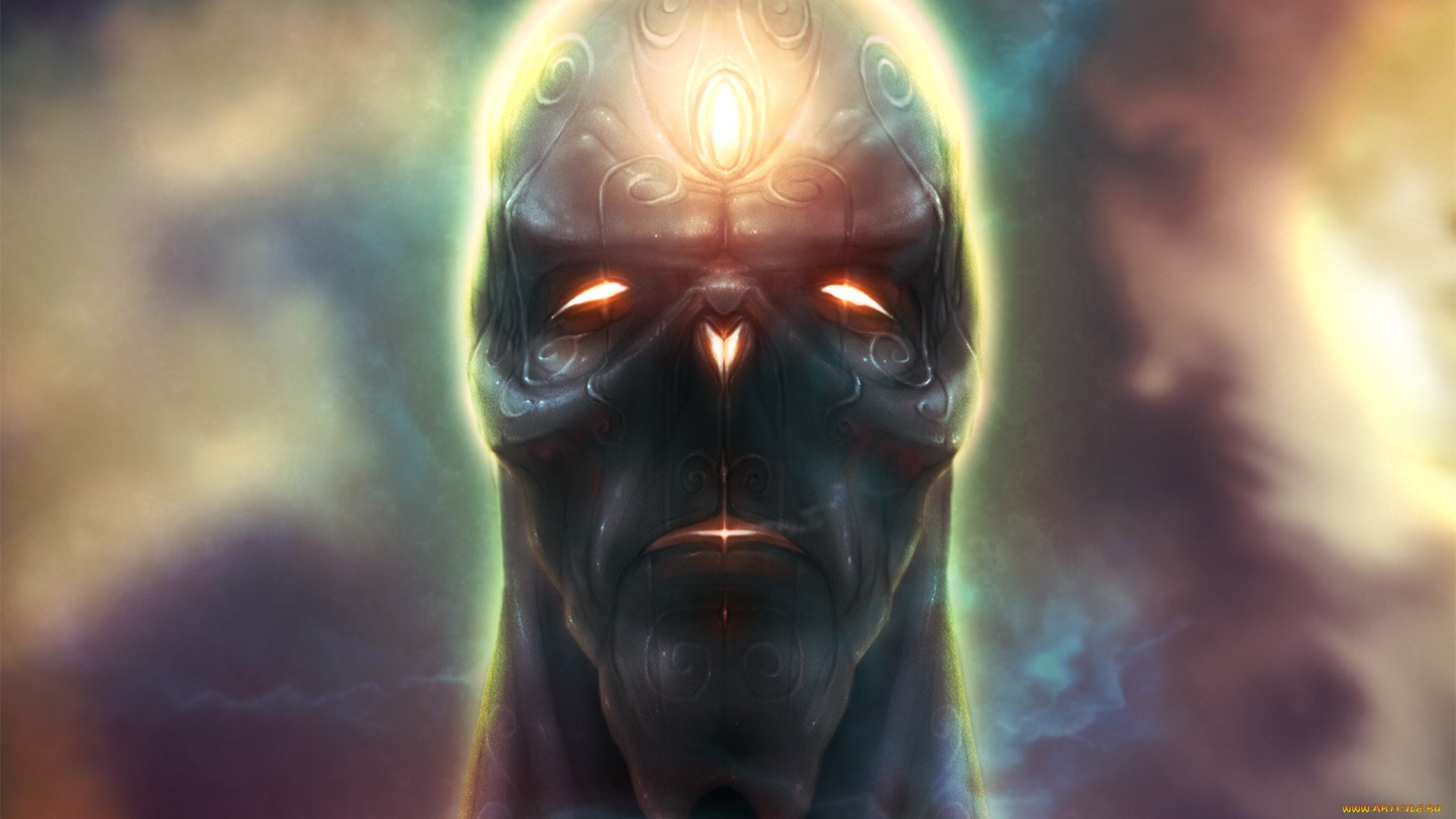HD PC desktop wallpaper: fantasy creature — an ethereal humanoid with glowing eyes and a forehead sigil, dark reflective skin and a radiant aura against a misty, cosmic background.