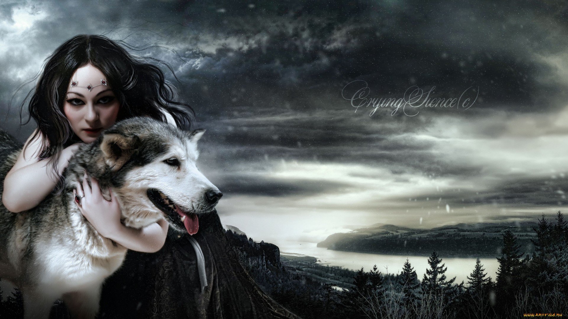 A mystical woman embraces a wolf against a dramatic landscape of dark skies and distant waters, creating an enchanting fantasy scene for a HD desktop wallpaper.