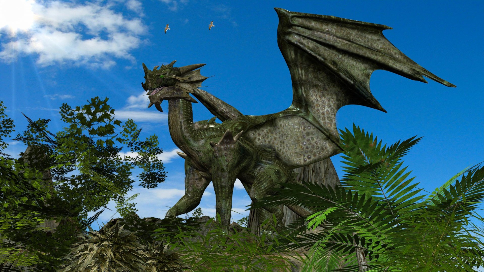 Fantasy dragon perched on a ferny ridge beneath a bright blue sky — 2K Quad HD PC desktop wallpaper/background.