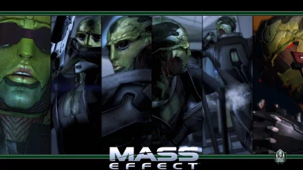 HD PC desktop wallpaper featuring Thane Krios from the Mass Effect video game, showcasing multiple detailed close-up portraits in a dark, futuristic style.