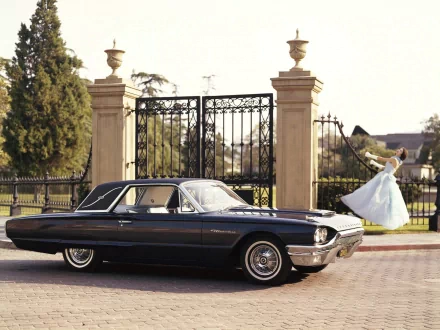 1964 Ford Thunderbird Landau Coupe parked in front of ornate gates with a bride twirling in the background, captured in HD for a PC desktop wallpaper.