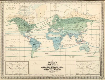 4K Ultra HD vintage-style world map wallpaper showing climatic zones and pathways for plants, birds, and insects across continents.