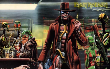 A vibrant HD desktop wallpaper featuring a scene inspired by Iron Maiden, showcasing a futuristic character in a coat surrounded by alien figures in a lively setting.