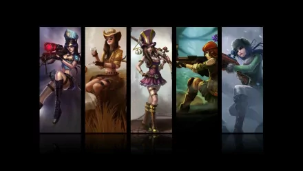 HD PC desktop wallpaper featuring Caitlyn and other characters from the video game League of Legends in dynamic poses across vertical panels.