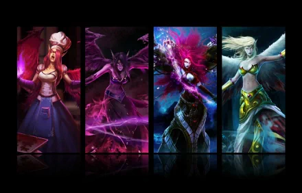 HD PC desktop wallpaper featuring Morgana from the video game League of Legends, showcasing her in multiple dynamic poses with vivid, dark fantasy elements.
