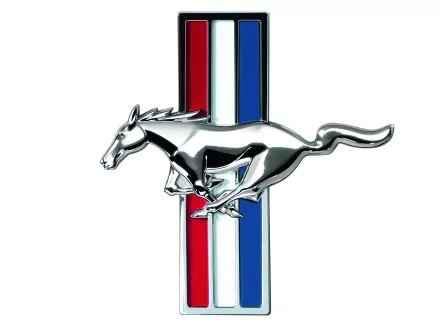HD desktop wallpaper featuring the chrome Ford Mustang logo, depicting a running horse, against a vertical backdrop of red, white, and blue stripes.