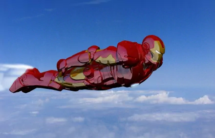 HD PC desktop wallpaper featuring Iron Man from the Avengers in flight against a clear blue sky with scattered clouds, rendered in a comic style.