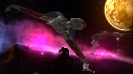HD PC desktop wallpaper showing a Klingon Bird-of-Prey and the USS Enterprise from Star Trek: The Original Series over a pink-purple nebula and glowing planet.