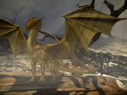 HD fantasy PC desktop wallpaper featuring a majestic golden dragon standing on rocky terrain under a stormy sky.