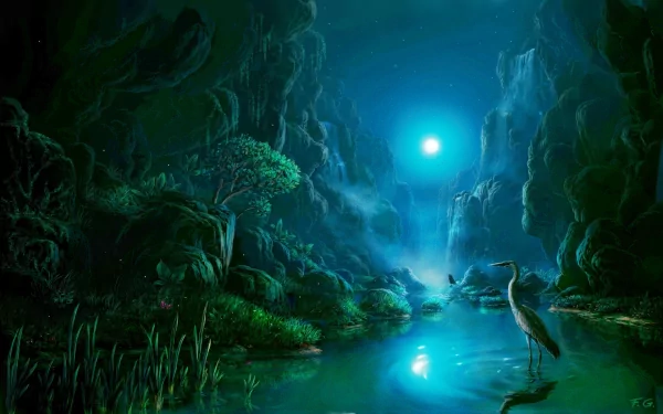 A serene digital art scene featuring a tranquil pond surrounded by lush greenery and mystical rock formations, illuminated by a glowing moon. HD desktop wallpaper for an enchanting atmosphere.