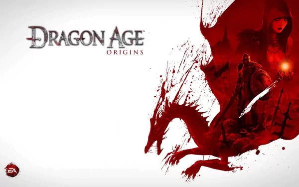 HD PC desktop wallpaper for the video game Dragon Age: Origins, featuring a red dragon and warrior silhouette with the game's logo on a white background.