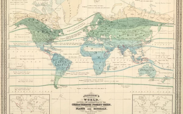 4K Ultra HD vintage-style world map wallpaper showing climatic zones and pathways for plants, birds, and insects across continents.