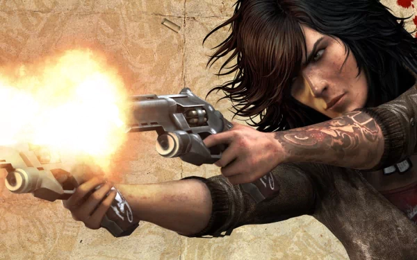 HD PC desktop wallpaper from the video game Wet, featuring a fierce tattooed woman firing dual pistols with intense focus.