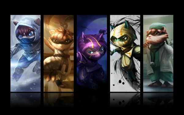 Five distinct illustrations of Kennen from League of Legends showcase the character's various skins. This HD wallpaper enhances any desktop background for gaming enthusiasts.
