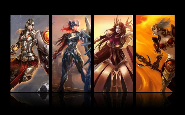 HD PC desktop wallpaper featuring Leona from the video game League of Legends in various dynamic poses with vibrant, fiery backgrounds.