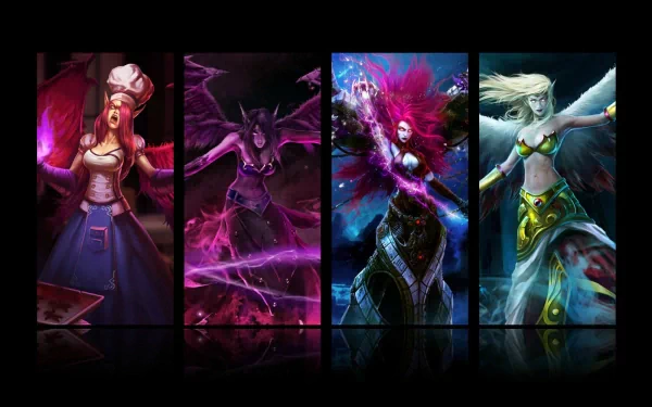 HD PC desktop wallpaper featuring Morgana from the video game League of Legends, showcasing her in multiple dynamic poses with vivid, dark fantasy elements.