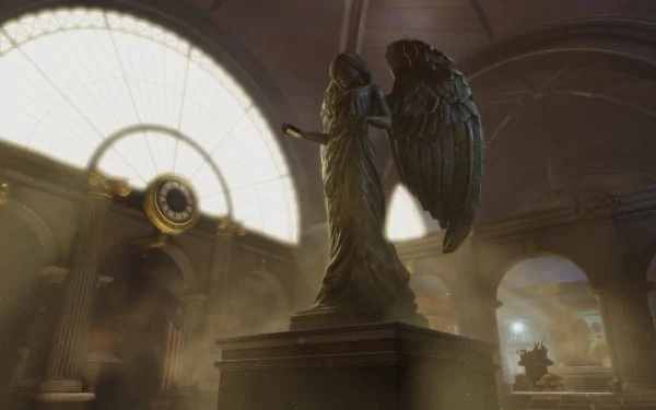 A detailed fantasy angel statue bathed in soft, golden light inside a grand hall, rendered in stunning 4K Ultra HD for PC desktop wallpaper.