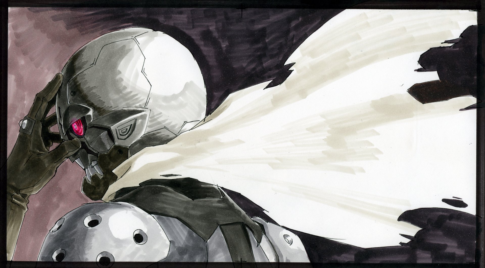 HD PC desktop wallpaper featuring a stylized, monochrome illustration of a Kamen Rider character from the TV show, highlighted by a glowing red eye and dynamic white cape.