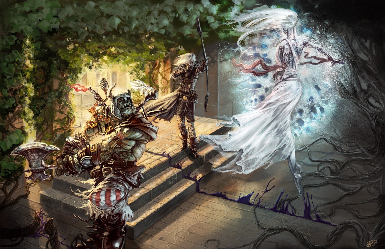 HD desktop wallpaper and background featuring a dark, eerie scene with a ghostly figure confronting three armed adventurers on stone steps surrounded by greenery.