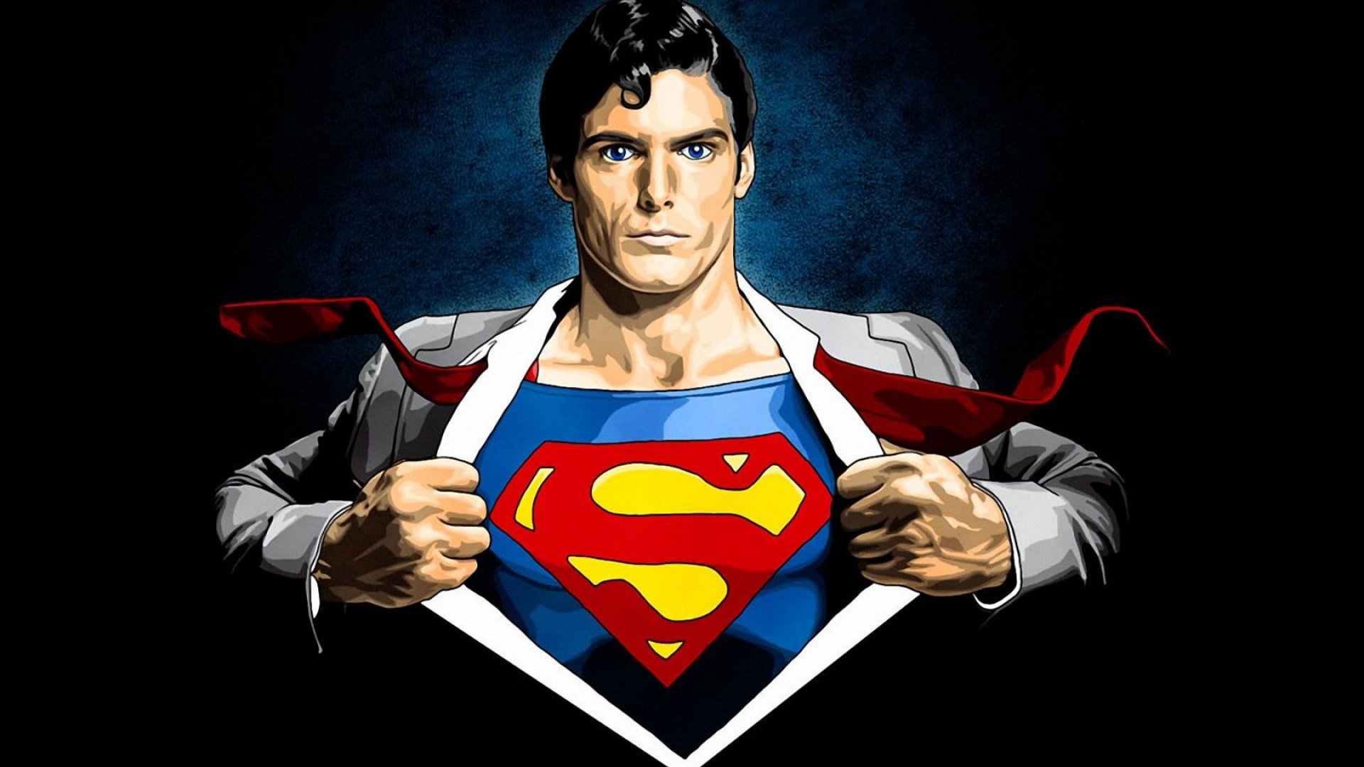 Comic-style HD PC desktop wallpaper/background of Superman tearing open his shirt to reveal the red-and-yellow S emblem against a dark, dramatic backdrop.