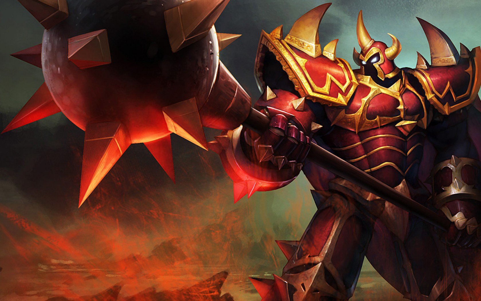 HD PC desktop wallpaper featuring Mordekaiser, a fierce armored character from the video game League of Legends, wielding a massive spiked mace.