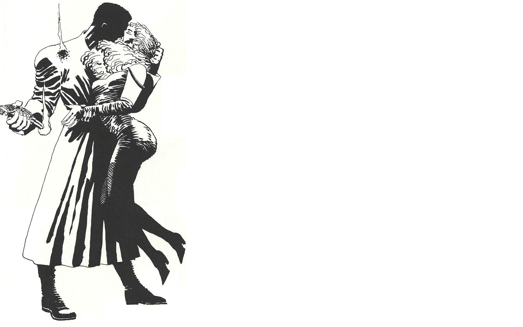 HD PC desktop wallpaper in Sin City comic style: stark black-and-white image of a couple embracing and kissing at the left against a wide white background.