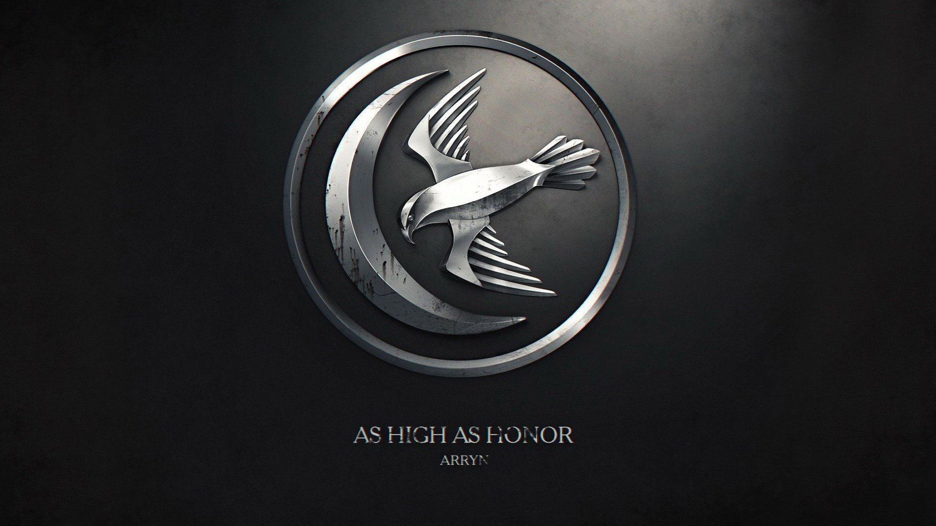 A sleek HD wallpaper featuring the emblem of House Arryn from Game of Thrones, showcasing a silver falcon with the phrase As High As Honor against a dark background.