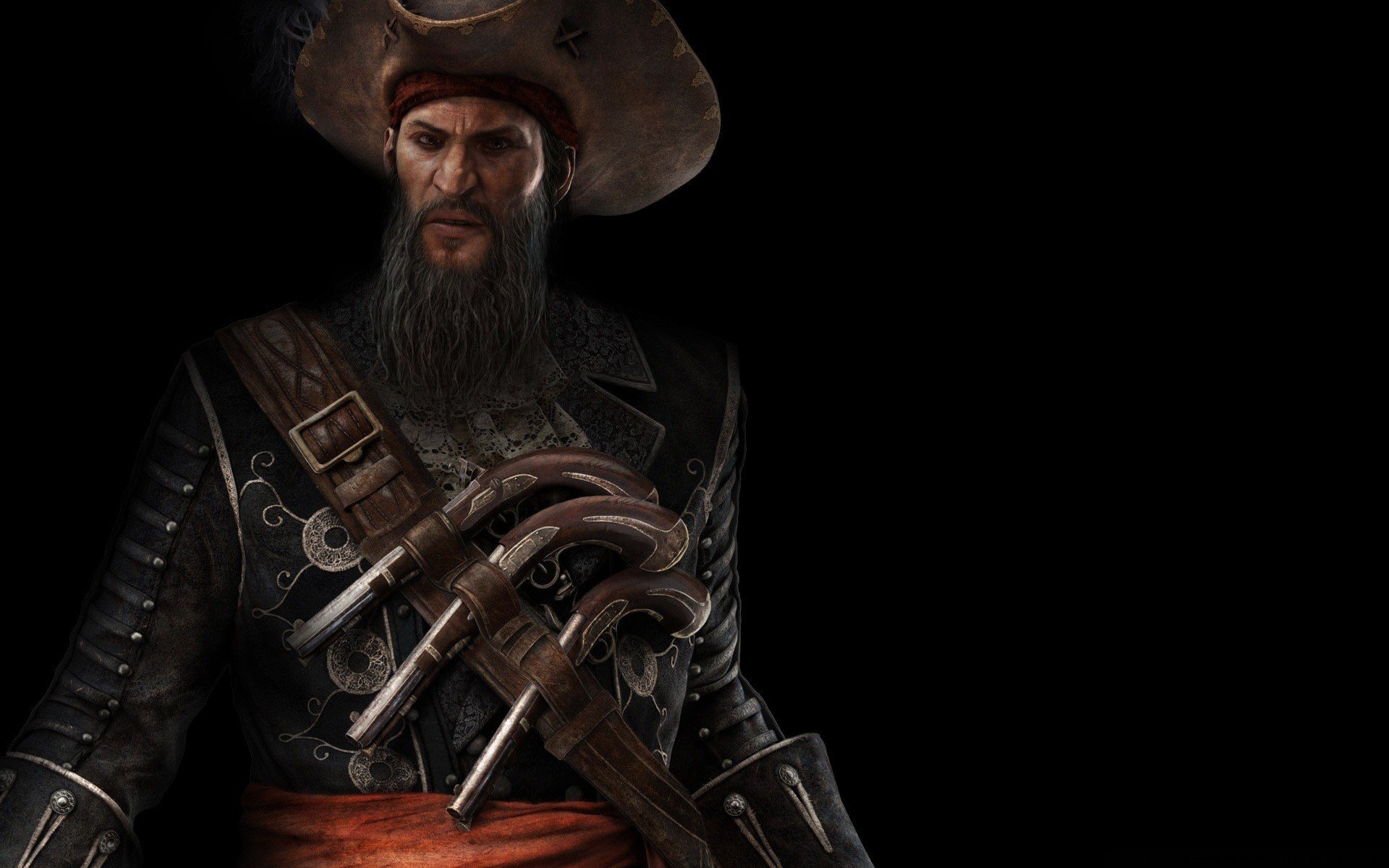 A powerful image from Assassin's Creed IV: Black Flag, featuring a rugged pirate character adorned with ornate weapons, set against a dark background for a striking HD desktop wallpaper.