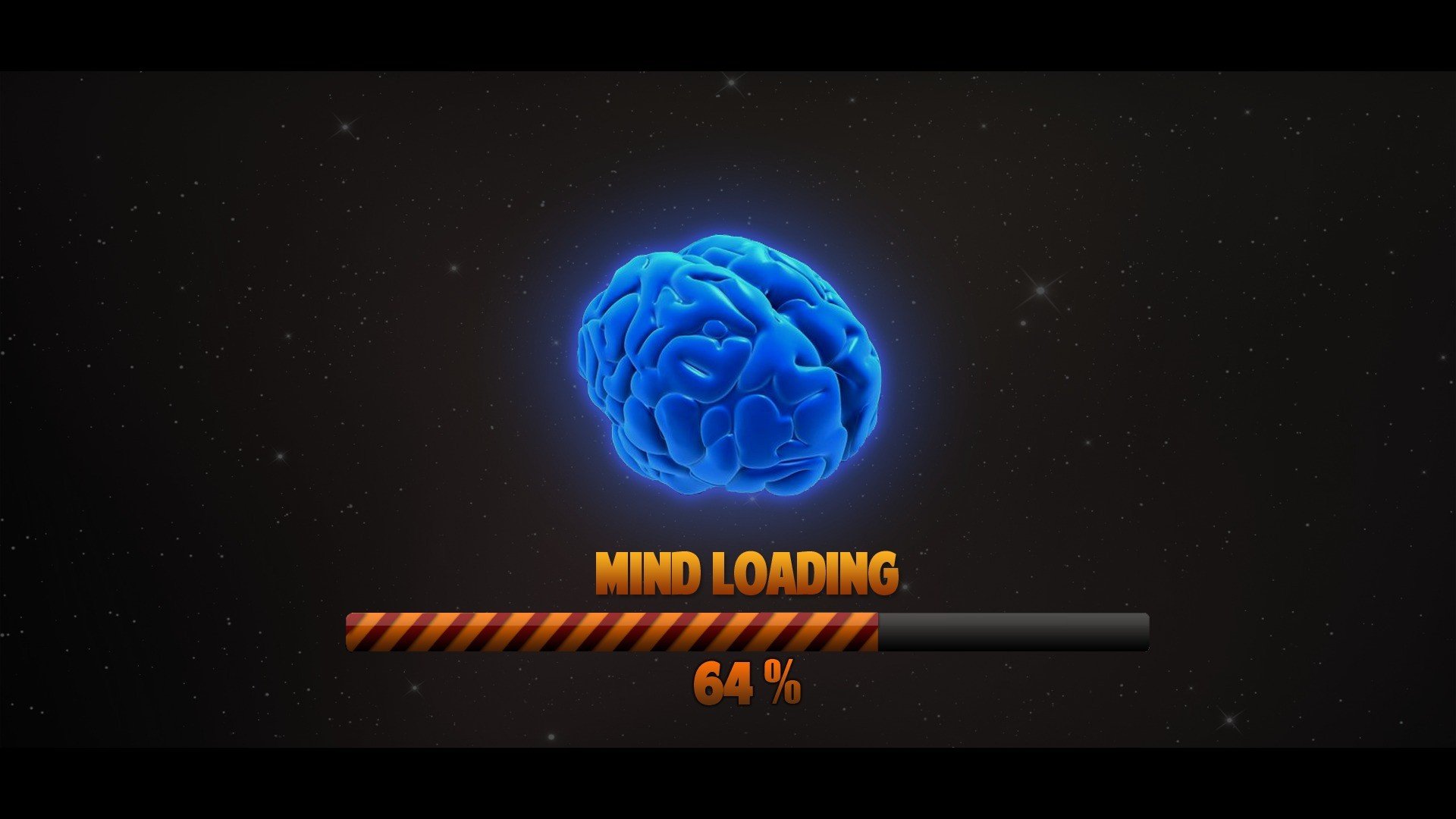 A vibrant blue brain graphic with a loading bar labeled Mind Loading 64% against a dark background, creating a humorous twist. This HD desktop wallpaper adds a playful touch to any computer screen.