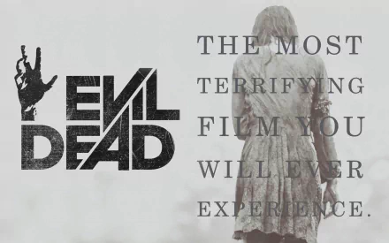 A haunting HD wallpaper from Evil Dead (2013), featuring a chilling tagline about the film’s terror alongside the iconic logo, capturing its eerie atmosphere.
