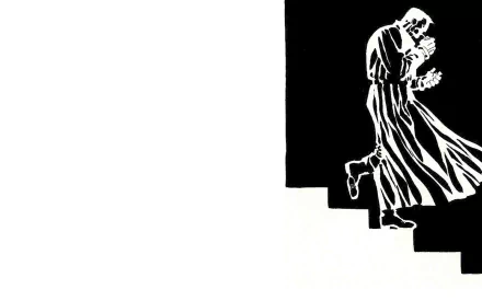 HD PC desktop wallpaper featuring a stylized black-and-white comic art scene from Sin City, depicting a figure descending dark stairs with dramatic contrast.