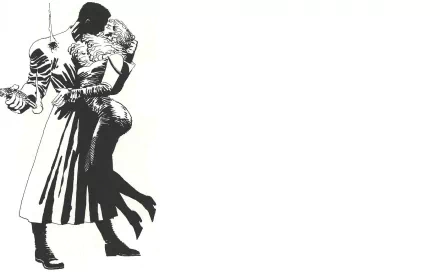HD PC desktop wallpaper in Sin City comic style: stark black-and-white image of a couple embracing and kissing at the left against a wide white background.