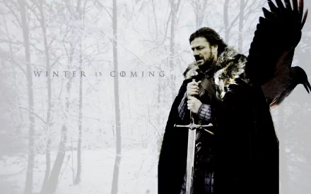 HD desktop wallpaper of a fur-clad medieval lord holding a sword with a raven on his shoulder in a snowy forest; faint text reads Winter Is Coming.