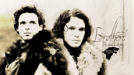HD wallpaper featuring Richard Madden as Robb Stark and Kit Harington as Jon Snow from the TV show Game of Thrones, showcasing their strong brotherly bond.