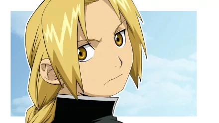 Vector illustration of Edward Elric from *Fullmetal Alchemist*, featuring his distinctive blonde hair and determined expression against a blue sky background. HD wallpaper for fans of anime.