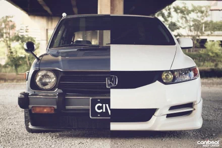 A split image of two Honda Civics: one vintage black model and a sleek white contemporary version, showcased as a striking HD desktop wallpaper.