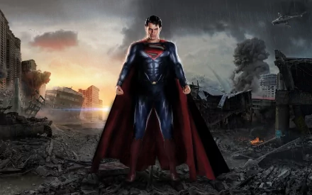 HD desktop wallpaper featuring Henry Cavill as Superman from the movie Man of Steel, standing confidently amidst a dramatic, war-torn cityscape at dawn.