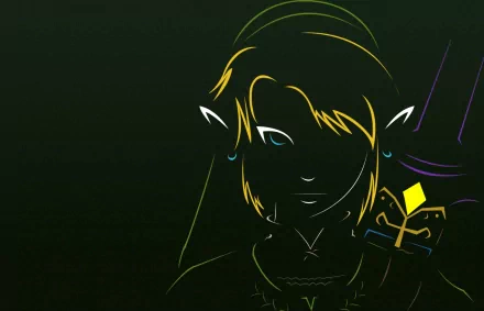 A striking HD desktop wallpaper featuring a stylized silhouette of Link from The Legend of Zelda, highlighted with vibrant colors against a dark background.