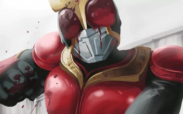 HD PC desktop wallpaper background: TV show Kamen Rider — close-up of a red-armored, insectoid-helmet Rider with blood spatters on chest and arm against a pale industrial backdrop.