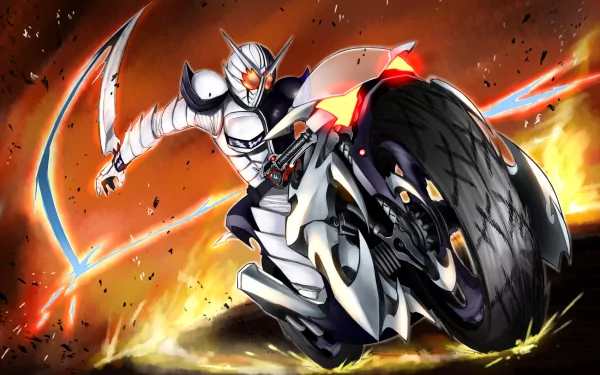 Dynamic HD wallpaper featuring Kamen Rider in an action pose, riding a sleek motorcycle with vibrant colors and explosive effects in the background.