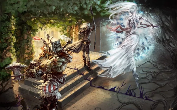 HD desktop wallpaper and background featuring a dark, eerie scene with a ghostly figure confronting three armed adventurers on stone steps surrounded by greenery.