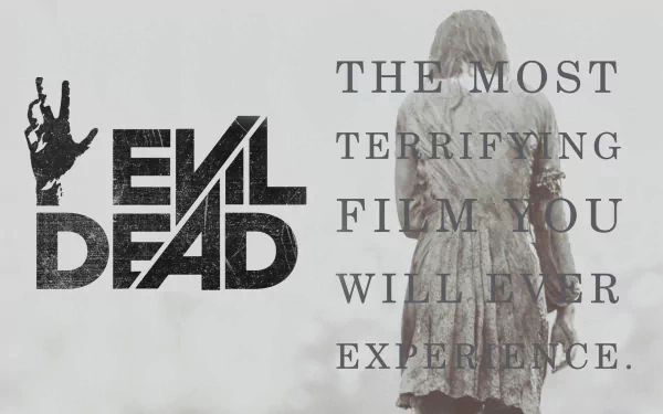 A haunting HD wallpaper from Evil Dead (2013), featuring a chilling tagline about the film’s terror alongside the iconic logo, capturing its eerie atmosphere.
