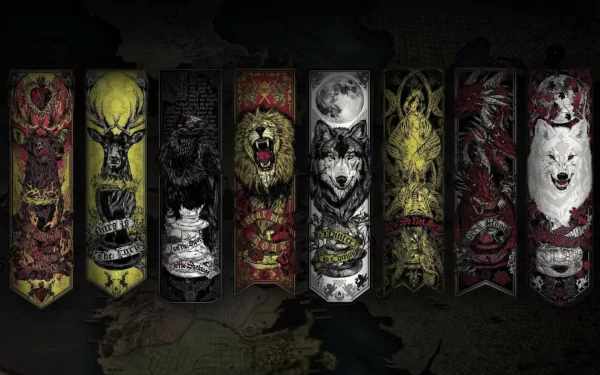 HD Game of Thrones wallpaper featuring a lineup of seven house sigil banners over a map background.